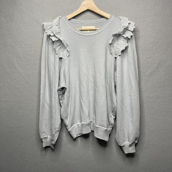 THE GREAT. Eyelet Pleat Sleeve Ruffle Sweatshirt Prairie Floral Blue Size 0 - Picture 1 of 6